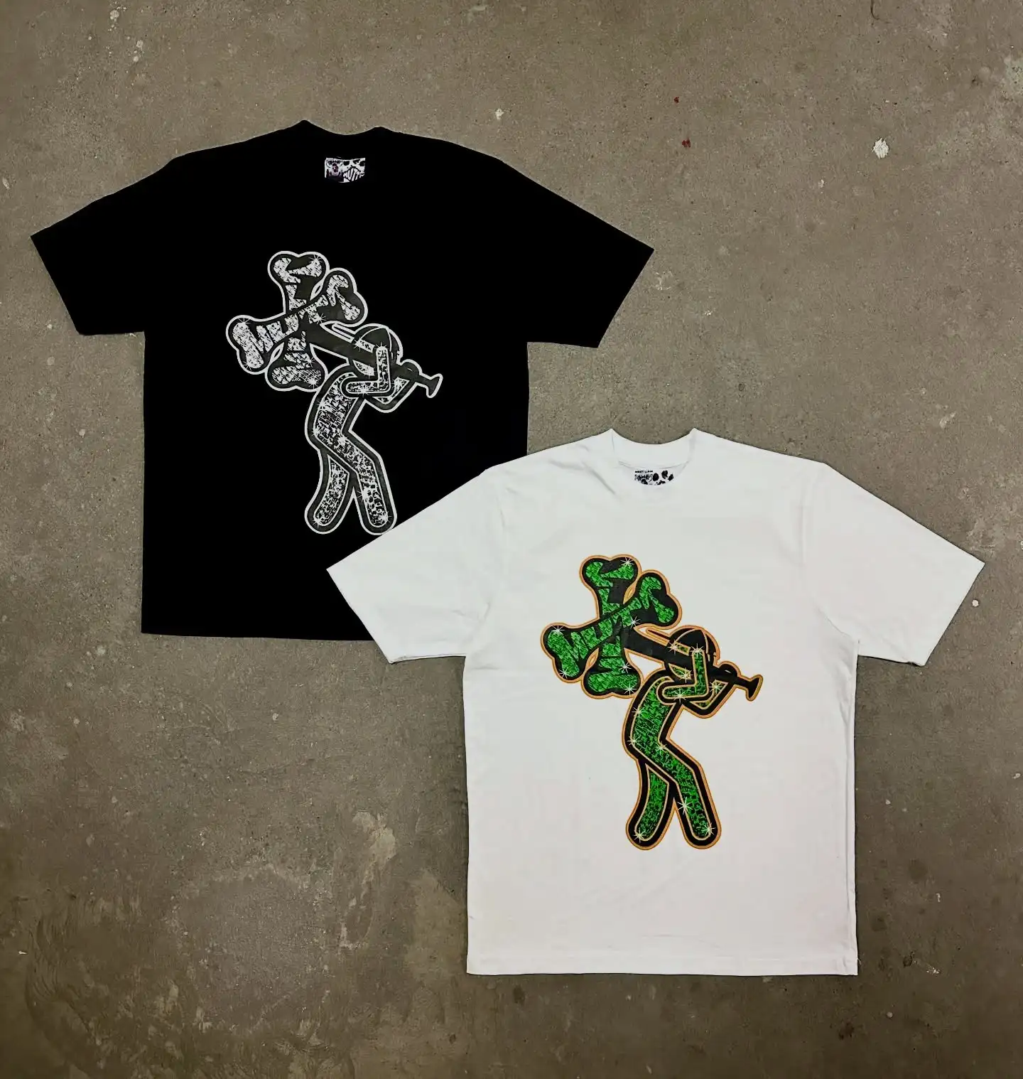 

Street Style Monochrome Bone Print Short-Sleeve T-Shirt Rhinestone Texture Print Street Style Oversized Top Unisex Short-Sleeve