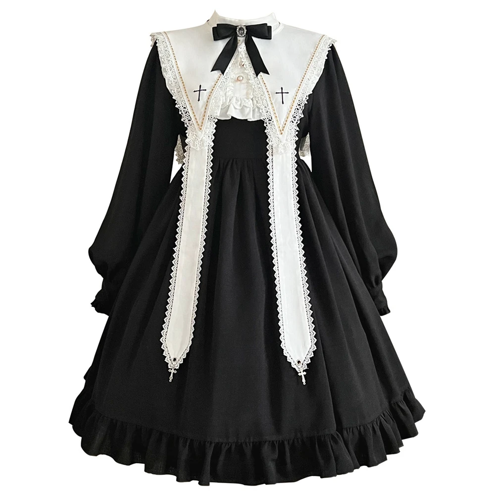 

Black Cross Gothic Lolita Dress For Women Gothics Style Dark Girl Japanese Retro Autumn And Winter Long Sleeve Blacks Dresses