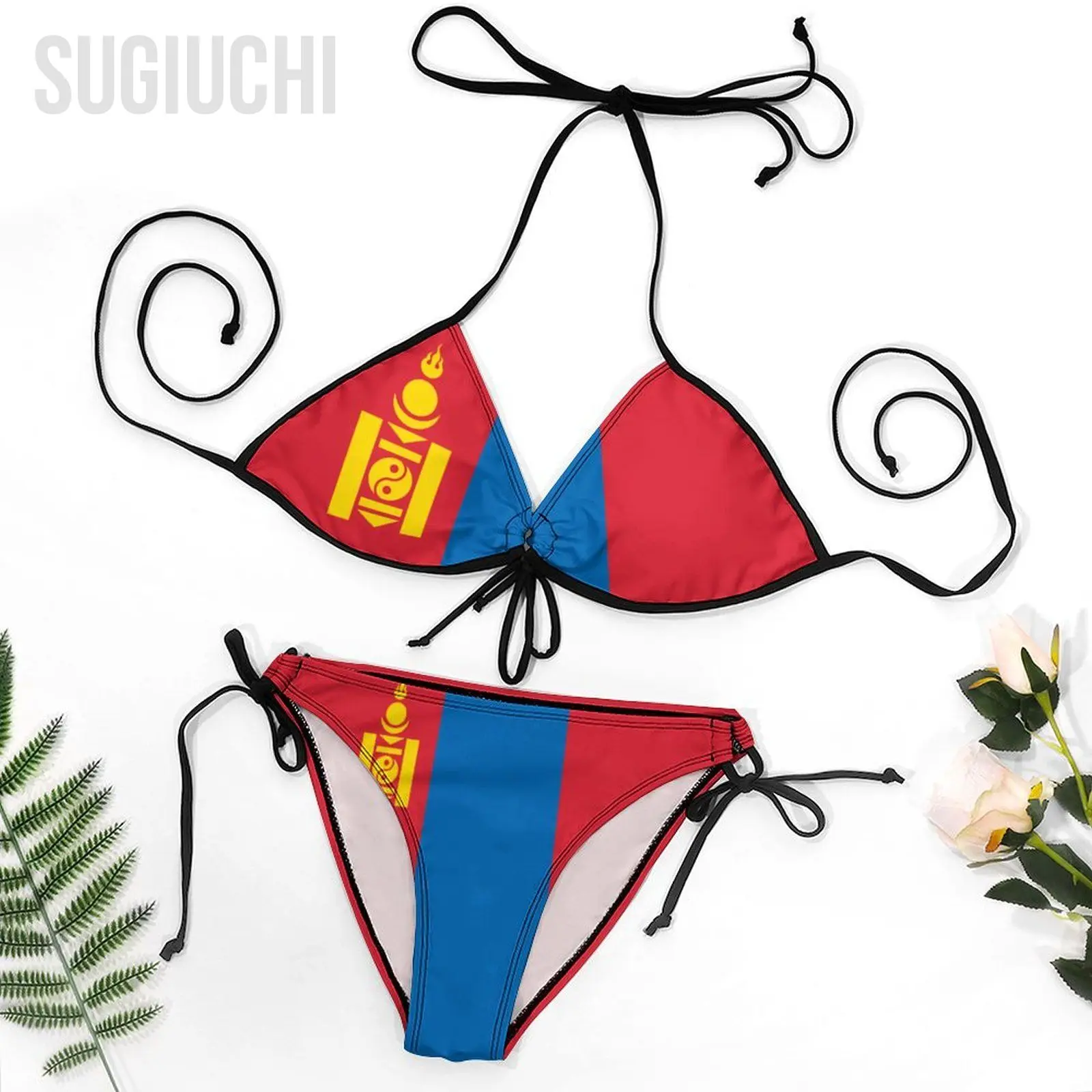 Women Mongolia Flag Bikini Swimsuit Sets Three Point Beachwear Swimming Bathing  Beach Party Suits