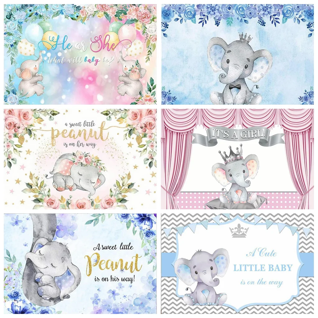 

Watercolor Elephant Baby Shower Backdrop Gender Reveal Banner Floral Balloon Crown Decor Girl Boy Party Photo Background Cloth