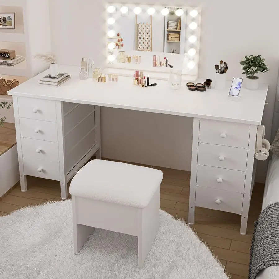 White Computer Desk with Drawers on Both Sides for Home Office, 55 inch Girls Teens Desks with Storage Writing Study Table for B