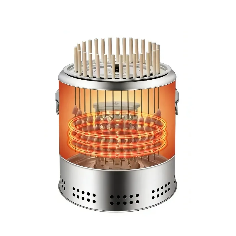 Charcoal BBQ Grill Oven - Stainless Steel Indoor/Outdoor Hanging Roaster Circular Kebab & Meat Smoker Barrel for Home Use 360°