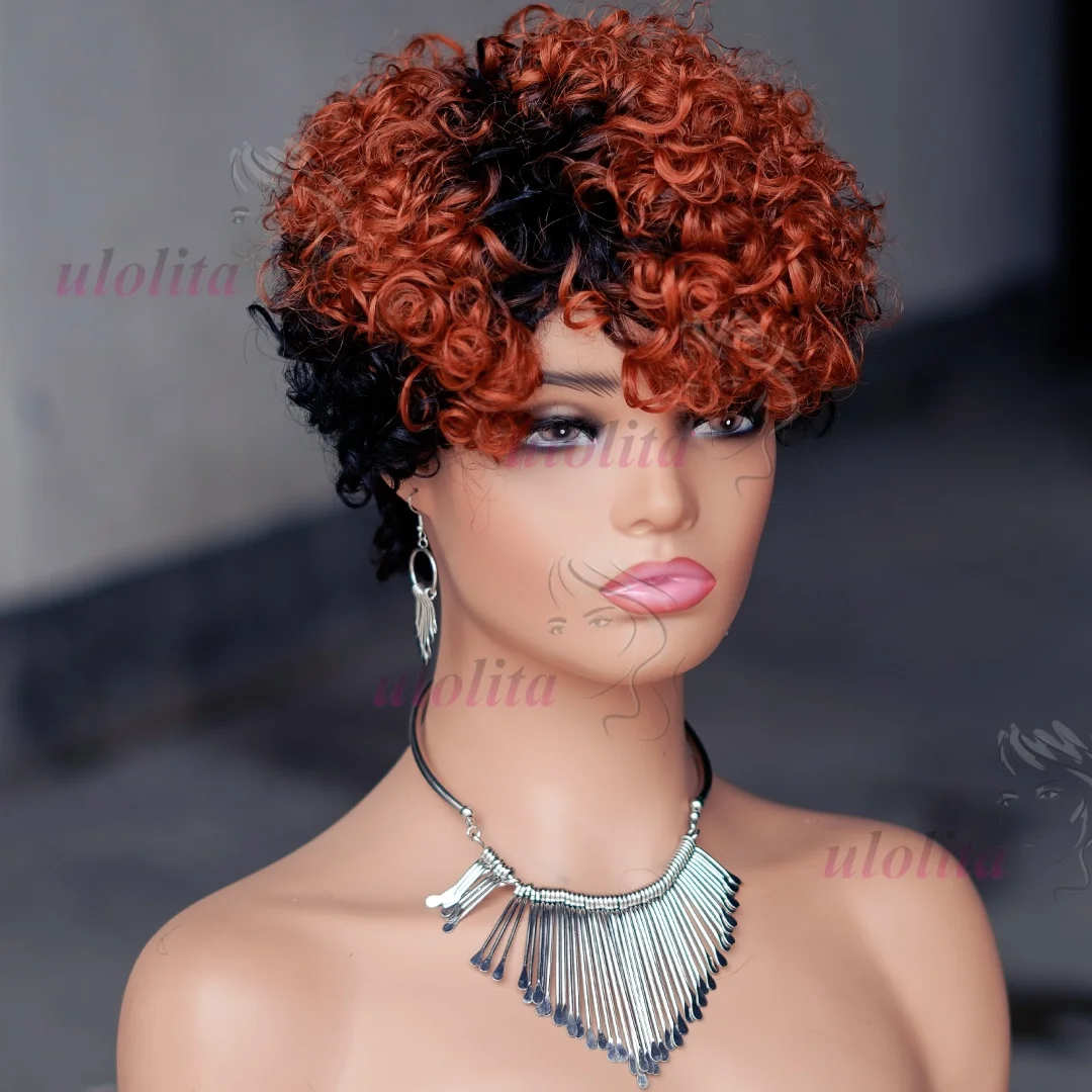 Pixie-Locken-Kurzhaarperücke aus Echthaar, maschinell gefertigt, für Frauen, kurze Perücke, Farbe 99J Burgunderrot, natürlicher Look, für den täglichen Gebrauch. – Detail 3
