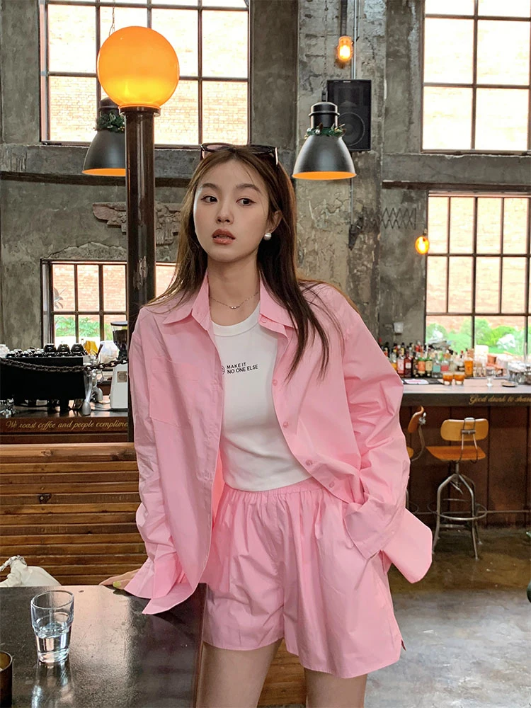 

Свободный женский комплект из чистого хлопка розового цвета, летний новый свободный комплект с защитой от солнца Lazy Sle, модная повседневная одежда для женщин