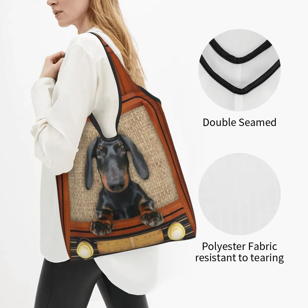 Custom Dachshund Dog On Radio Shopping Bags Women Portable Large Capacity Grocery Badger Wiener Sausage Shopper Tote Bags