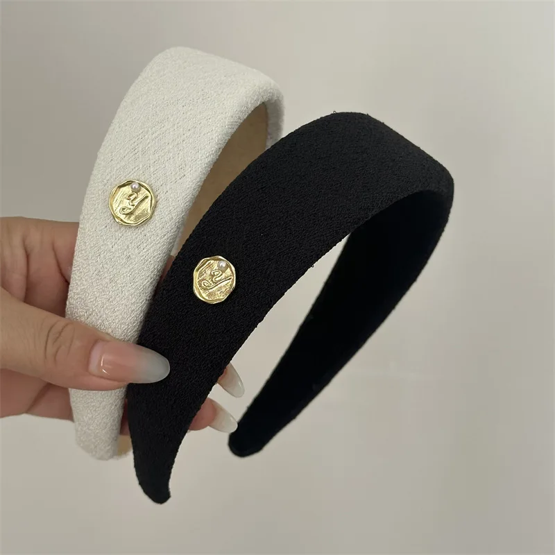 Y Letter Pearl Gold Button Wide Edition Fragrant Style Retro Metal Ornament Hair Hoop Press Headband  New Hair Accessories