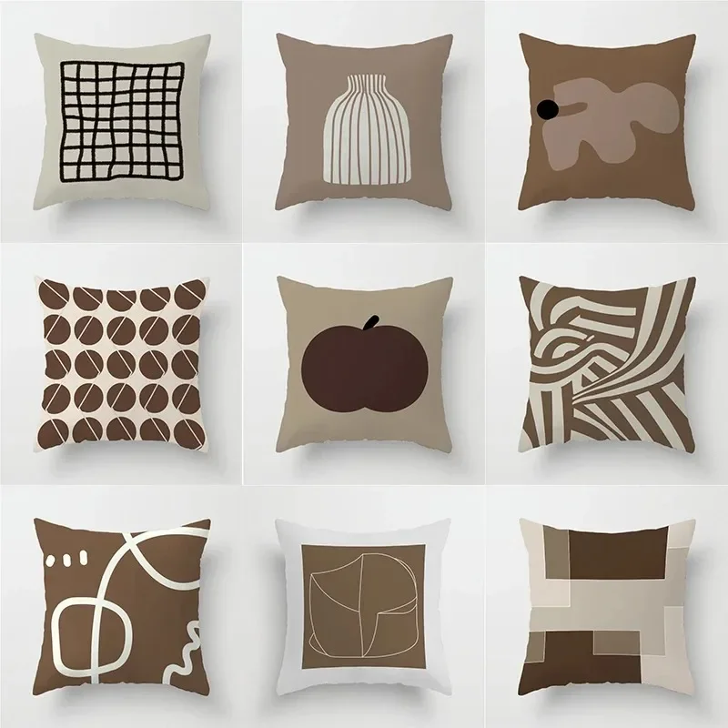 Coffee brown round geometric lines decorative print cushion cover home living room sofa car seat decorative square pillow cover