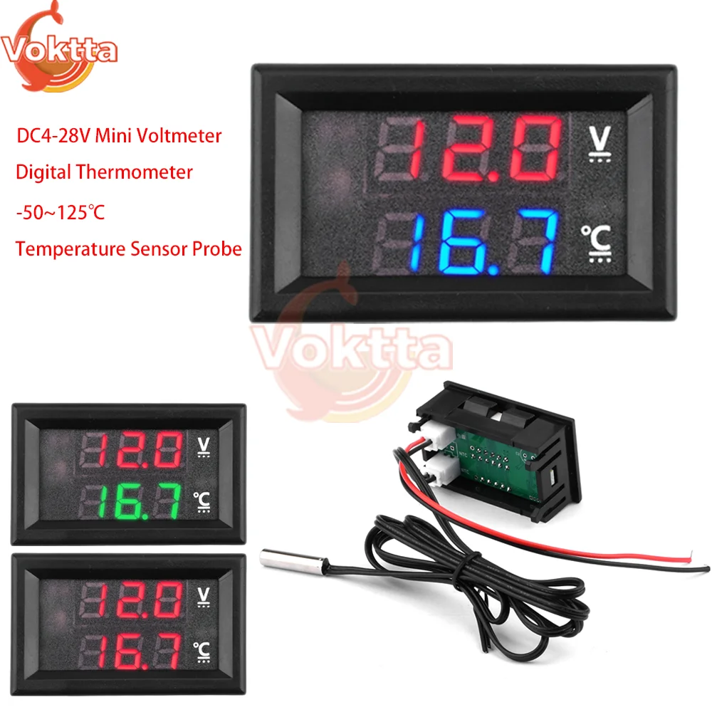 DC4-28V Mini voltmetro termometro LED doppio Display sensore di temperatura rilevatore sonda DC Tester di tensione regolatore di temperatura