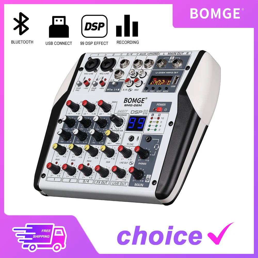 

Professional 6 channels 99DSP Audio mixer DJ karaoke Mixing Console With USB Interface Sound Card 48V PC MP3 DJ Recording
