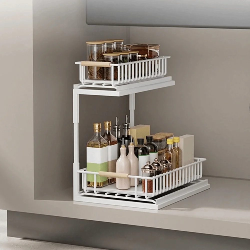 Carbon Steel 2-Tier Under Sink Organizer Rustproof Large Capacity Pull Out Storage Rack Space Saving