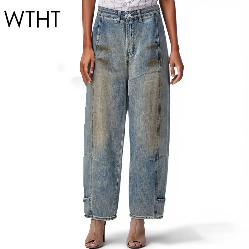 

WTHT 2026 Весенние винтажные женские джинсы с эффектом потертости и градиентом, модные прямые джинсы с высокой талией и широкими штанинами, модель 1LS2928