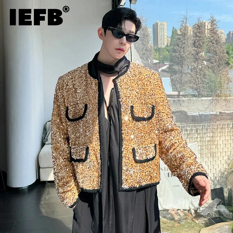 

IEFB 2024 Autumn Gold Sequin Long Sleeve Round Neck Short Top Temperament Men's Clothing New Chic Contrast Color Jacket 9C7185