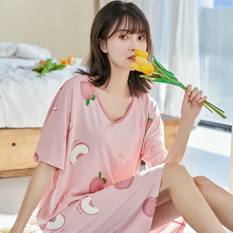 

2023 Short Sleeve Women Sleepwear Modal Sleepwear Summer Dress Nightgowns Sleep Sleeping Home Wear Girls Cartoon Lounge