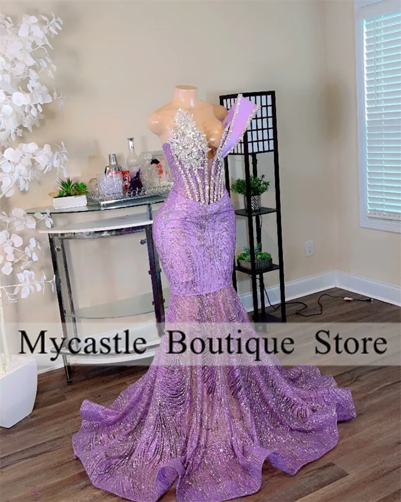 Lilac Purple Lace Beaded Mermaid Prom Dress 2025 Black Girls Diamante Appliques Evening Dresses Birthday Party Dress Customized