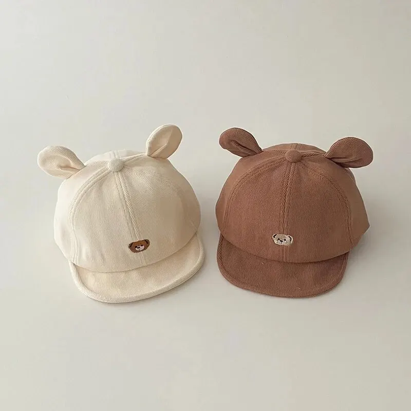 Cartoon Bear Baby Baseball Hat with Ears Cute Solid Color Infant Peaked Cap Kawaii Spring Summer Kids Cotton Sun Hats