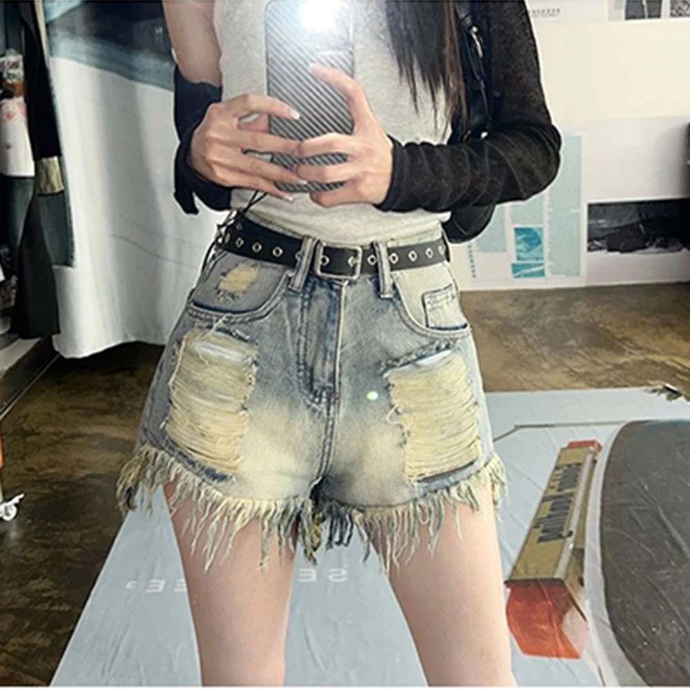 High Waisted Hot Pants Invisible Open Crotch Outdoor Sex Do Old Hole Torn Denim Shorts Women\'s Loose Slimming