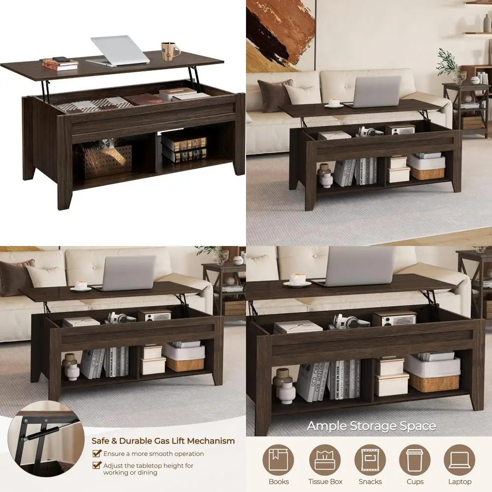 

Hidden Storage Lift Top Coffee Table with Separate Lower Shelf, Rising Tabletop Design for Versatile Use