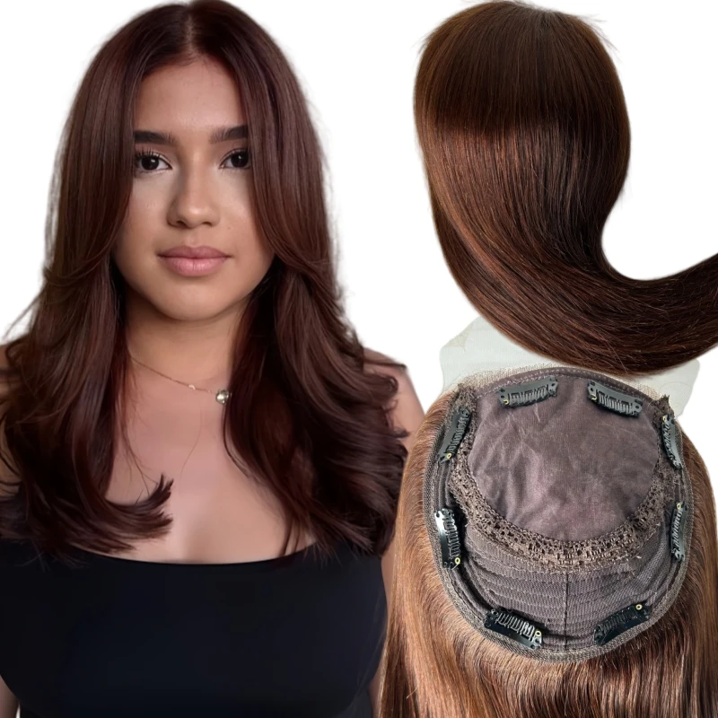 

16 inches Brazilian Virgin Human Hair #4 5x6 Topper 4x4 Silk Top Full Lace Wig for White Woman