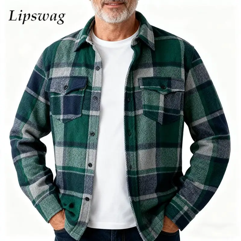 

Vintage Plaid Woolen Jacket Mens Casual Turn-down Collar Button-up Cardigan Tops Men Fall Winter New Casual Thickened Outerwear