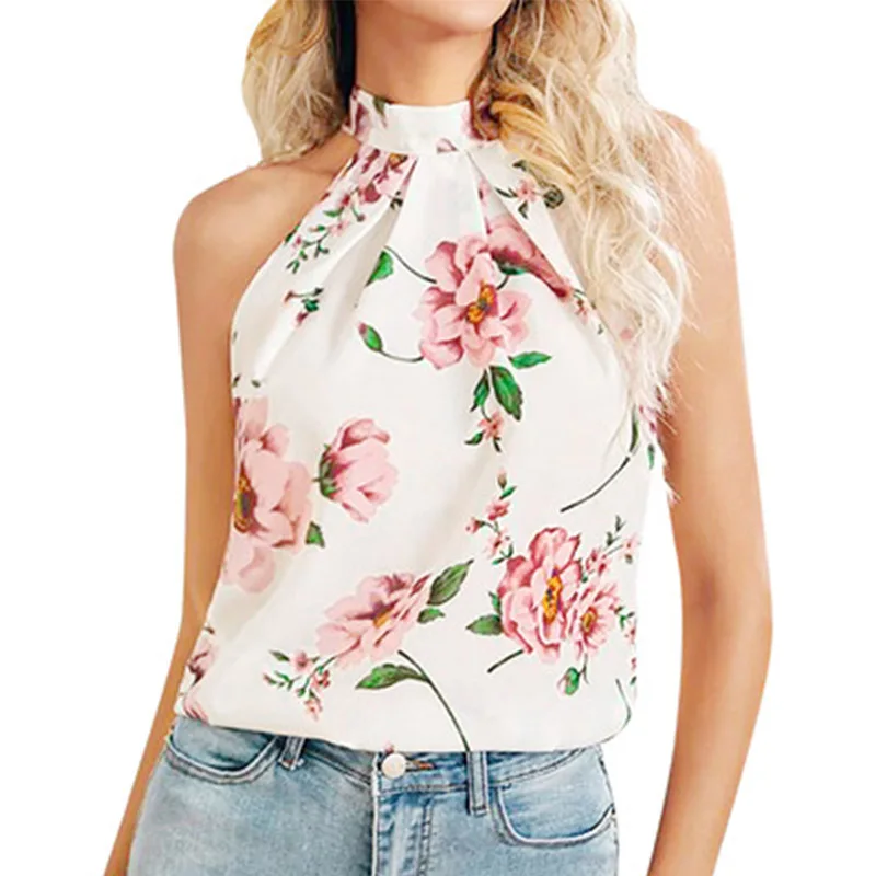 Summer Women's T-shirt 2023 New Print Bow Tie Hanging Neck Off Shoulder Sleeveless T-shirt Top