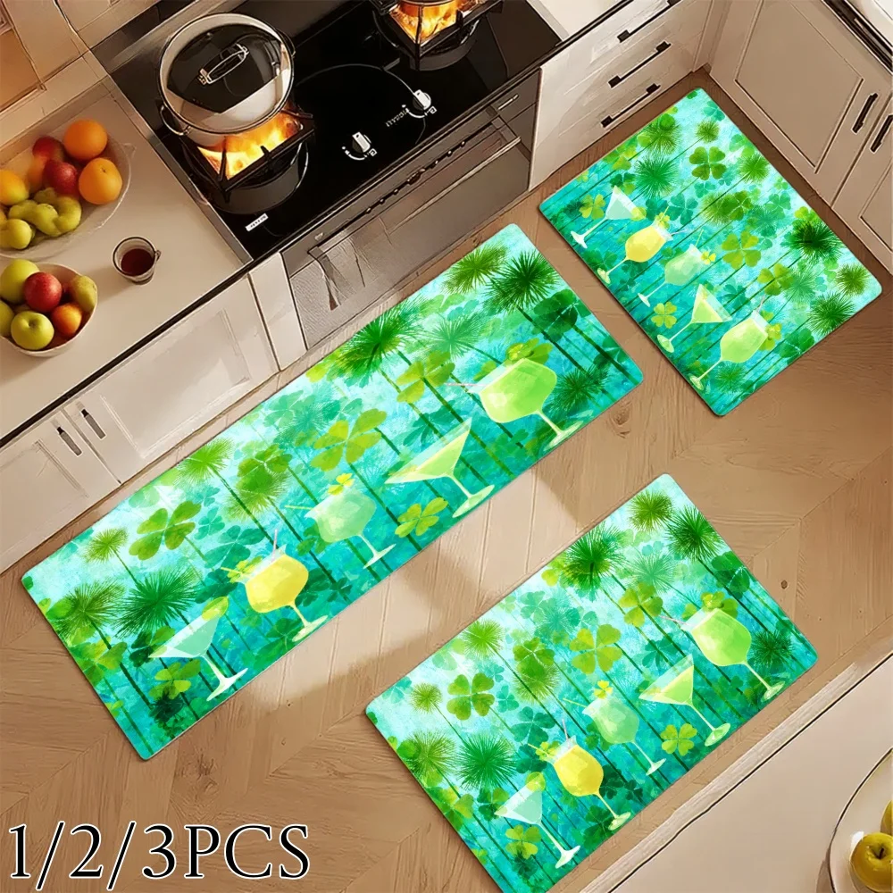 3PCS Kitchen Rugs,Home Decoration for Front Door, Kitchen, Tropical Palm Trees Cocktail Glasses Leaves Pattern Dining Mat