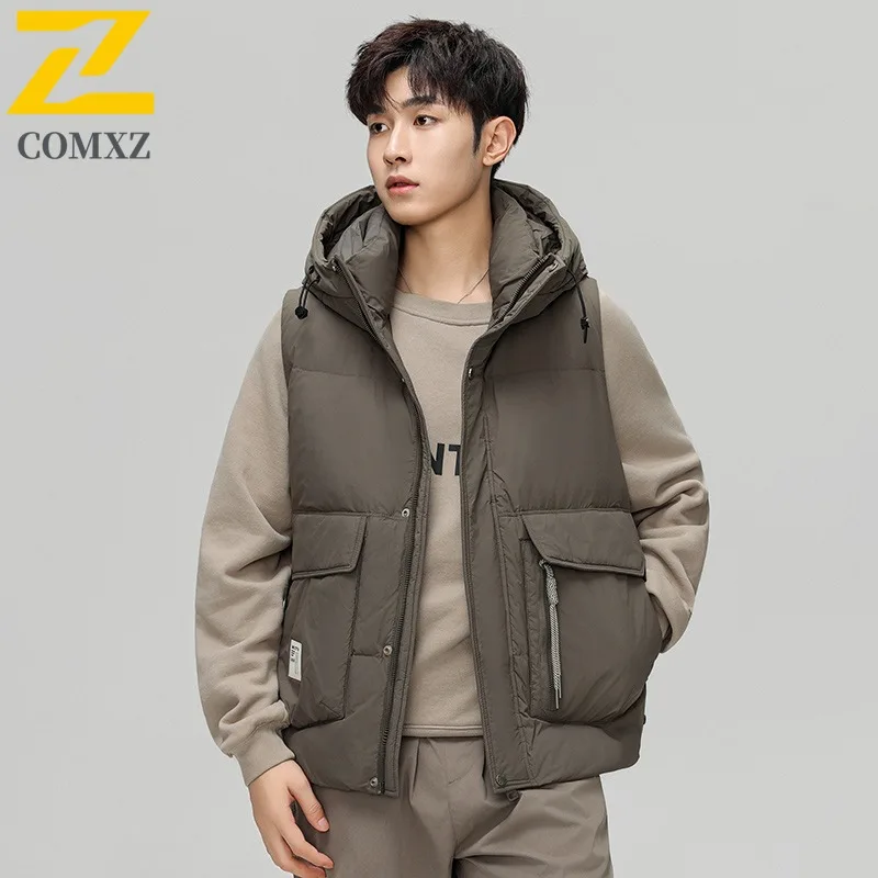 

Winter Men's Down Sports Vest Hooded Workwear Waterproof Windproof Fashion Solid Color Jacket for Hiking Camping Fishing 2025