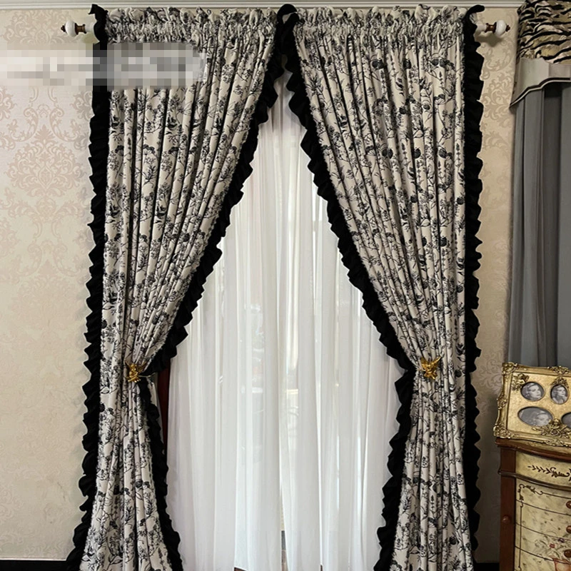 Custom Upscale Vintage French Living room Manor beige chenille thickened jacquard   cloth blackout curtain tulle drape C1959