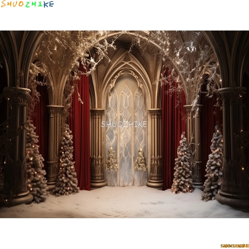 Christmas Tree With Gift Boxes Photography Backdrops Winter Snow Decorations Wooden Door Fireplace Room Background Props WR-04