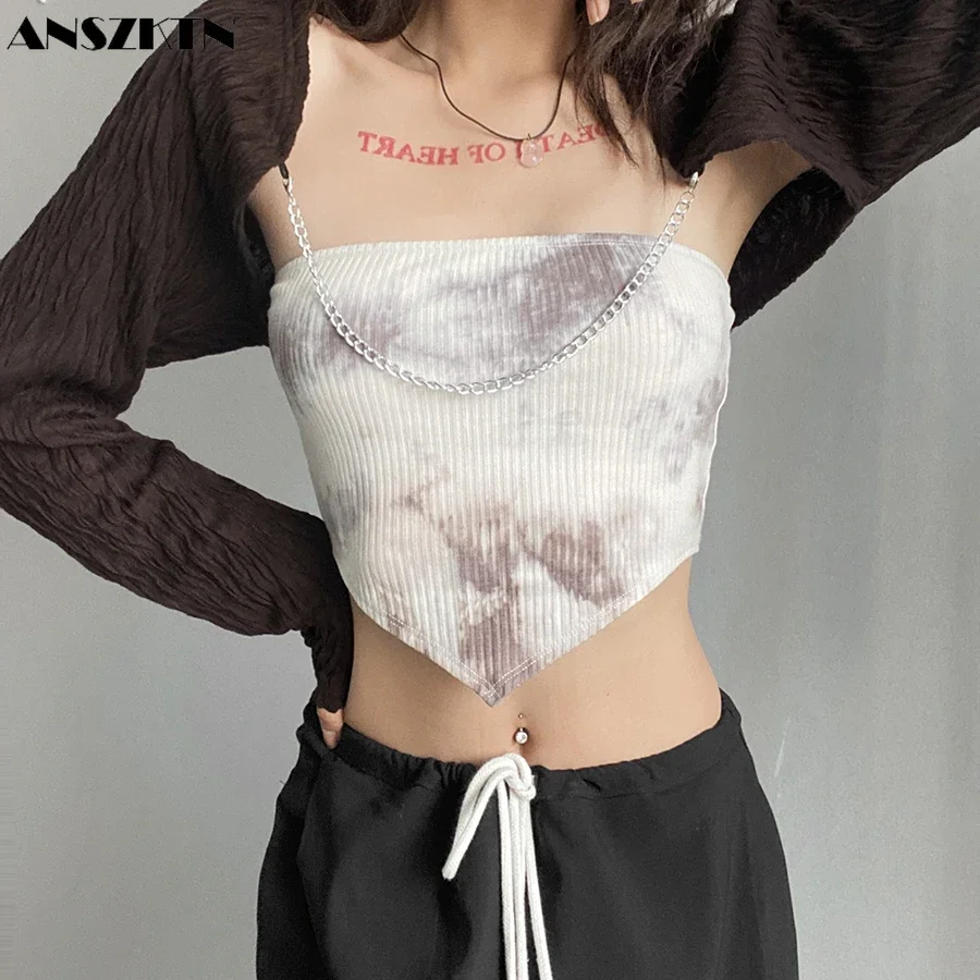 ANSZKTN Tie Dye Collarless Long Sleeve 2 Piece Set Women Crop Top