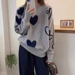 European Station Lazy Style Love Jacquard Knitted Sweater Women's Autumn Casual Loose Versatile Sweater Temperament Top