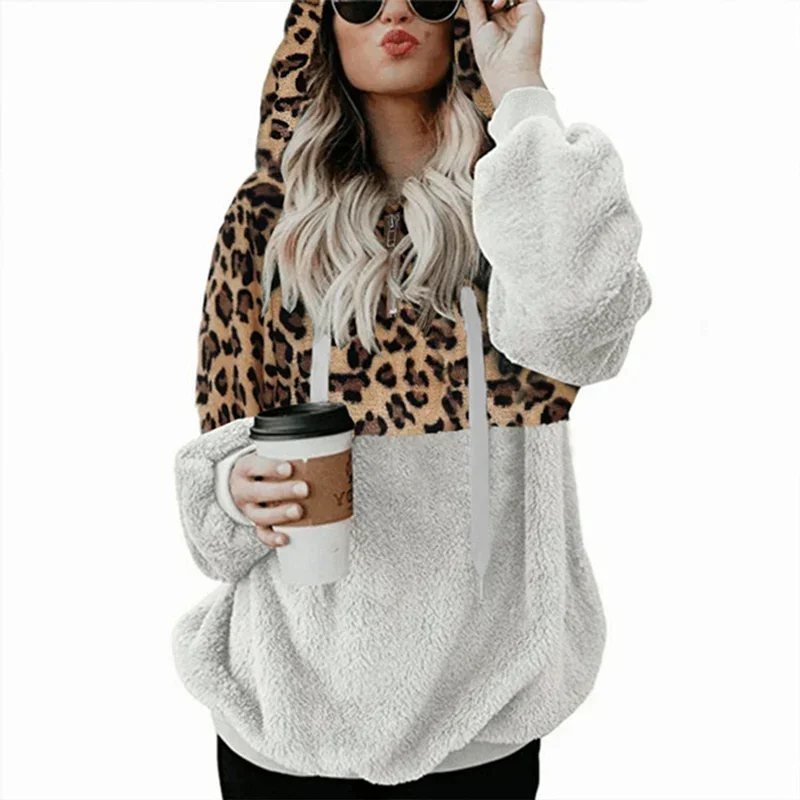 

Leopard Print Women Hoodie Autumn Winter Thickened Warm Zipper Splicing Hooded Sweatshirt Female Loose Large Size Outerwear 5XL