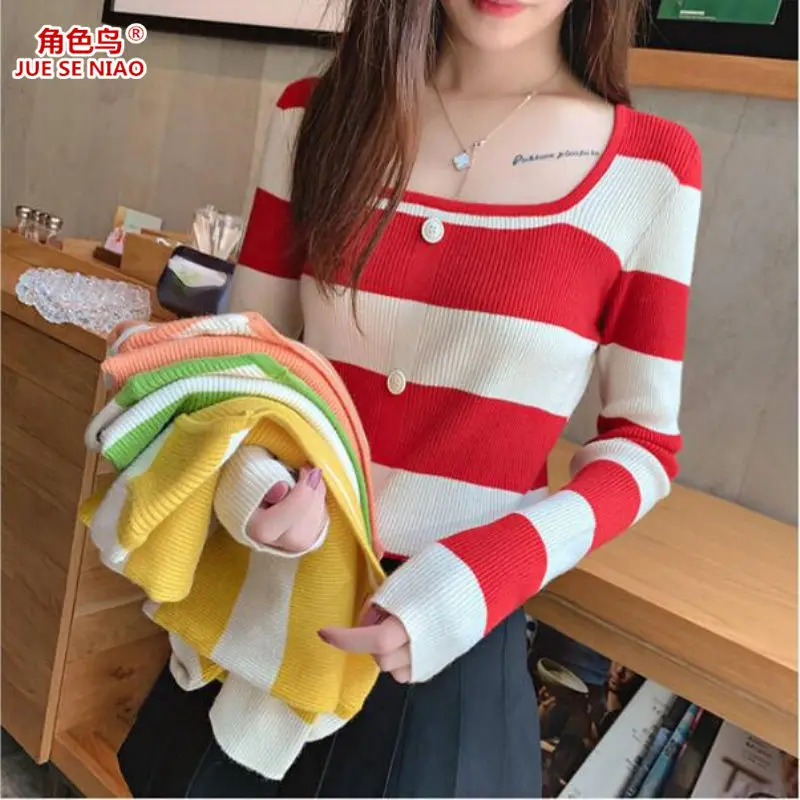 

Spring And Autumn Korean Small Xiangfeng Green Sweater Women's Pullover Loose And Versatile Striped Knitted Top