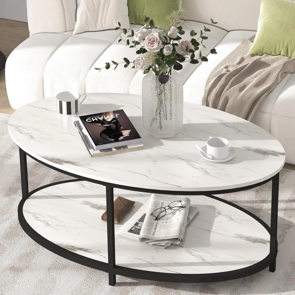 Oval Coffee Table, 43.3” Coffee Table with Wooden Shelf, 2-Tier Modern Table Open Storage for Living Room Bedroom Home Office