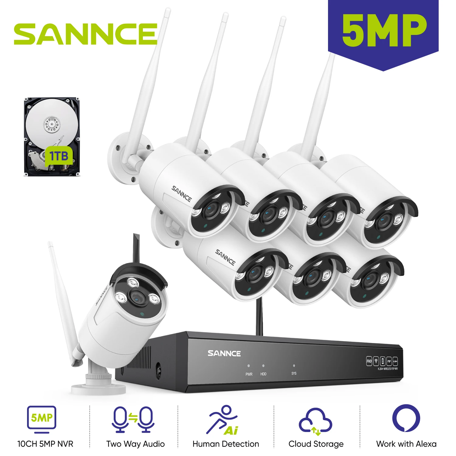 SANNCE 5MP WIFI Security Camera Audio Recording 30M IR Night Vision 10CH Wireless CCTV System Home Surveillance Kit Human Detect