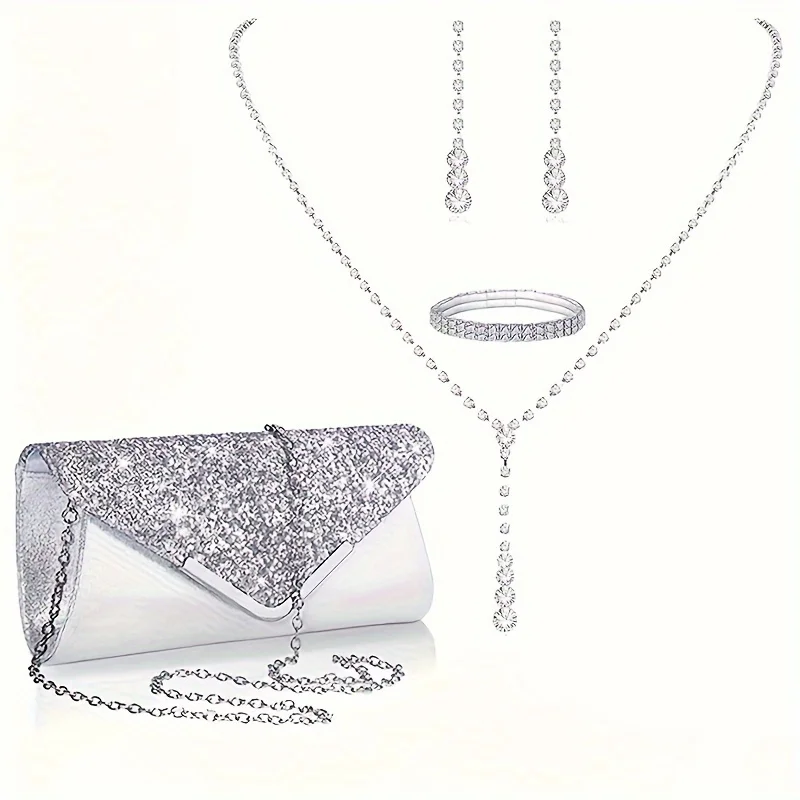 Party Evening Bag Set, Fashion Rhinestone Decoration Clutch Bag Chain Shoulder Bag & Earrings & Necklace & Bracelet Set for Carn