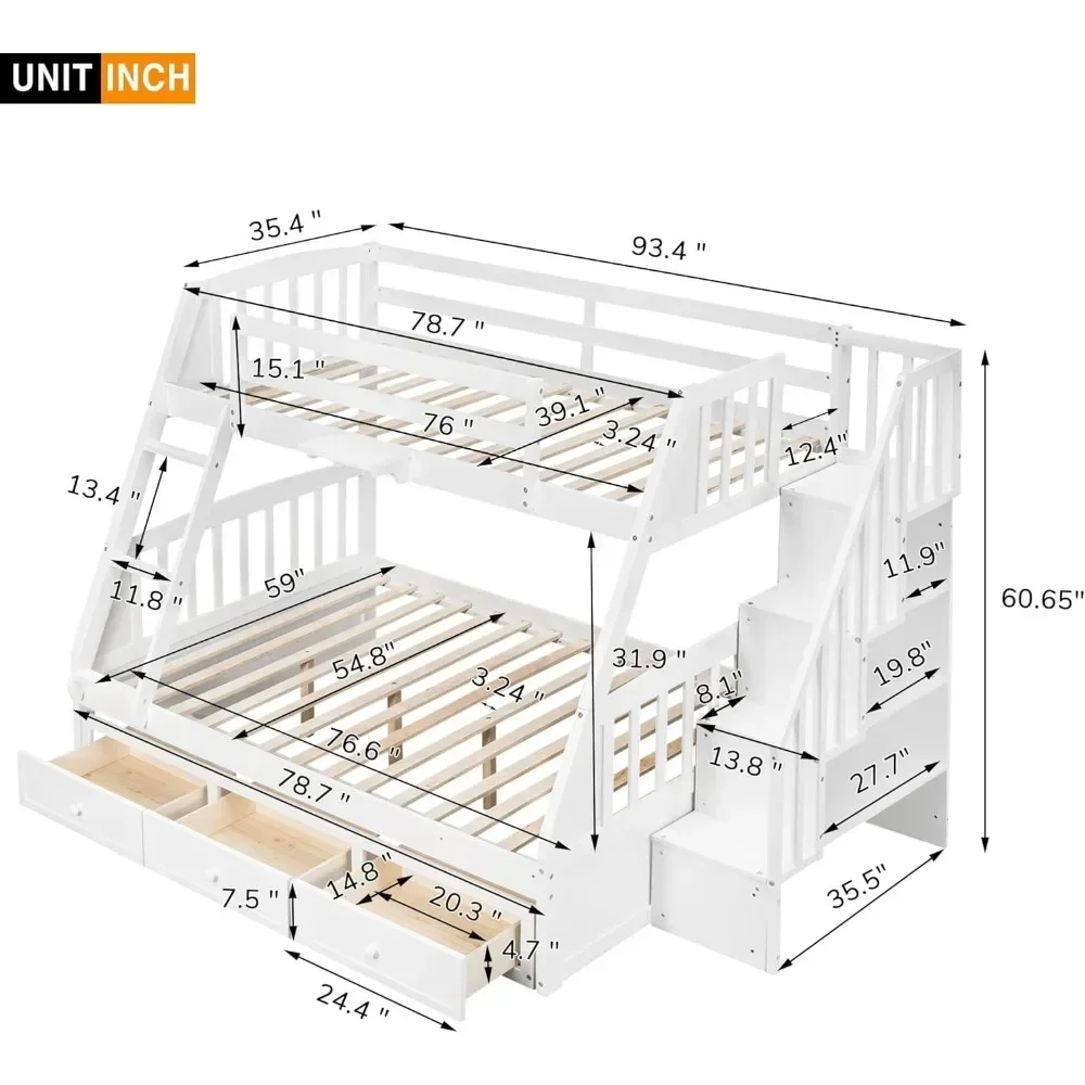 Twin-Over-Full Bunk Bed, with Stairs and Storage Drawers, Ladder, for Kids Teens Adults, Solid Wood Bunk Bed Frame