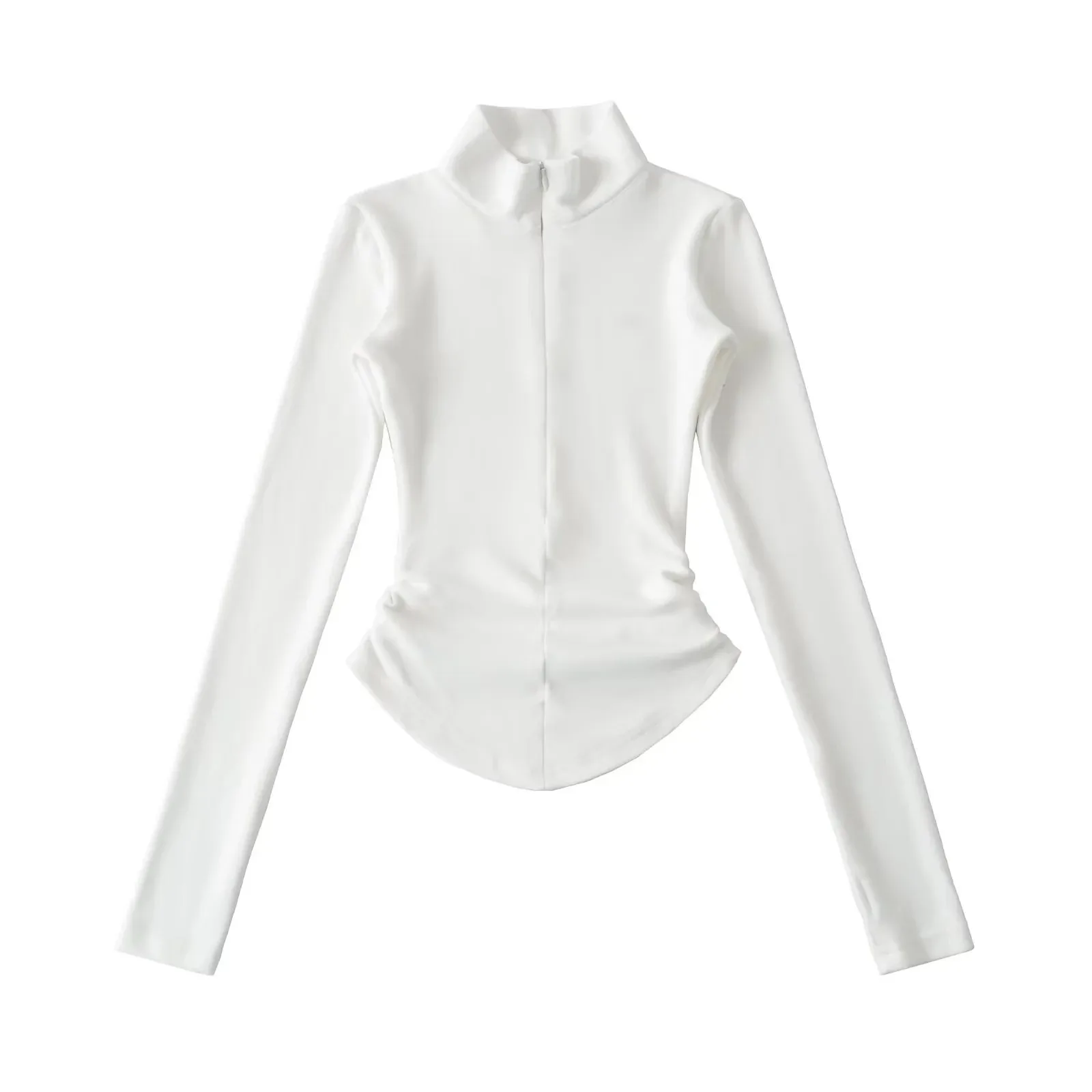 American Free Style Hot Girl Sexy Stand Collar Fitness Long Sleeve Top Autumn Winter Half Zipper Ruched Waist Short T-Shirt 2VFD