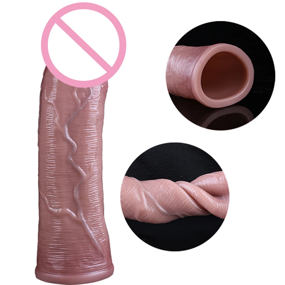 Long Big Penis Sleeve Male Thick Penis Sleeve Realistic Penis Soft Flexible Liquid Silicone Real Skin Texture Couples Bedroom Fun Adult Sex Toy Male Products