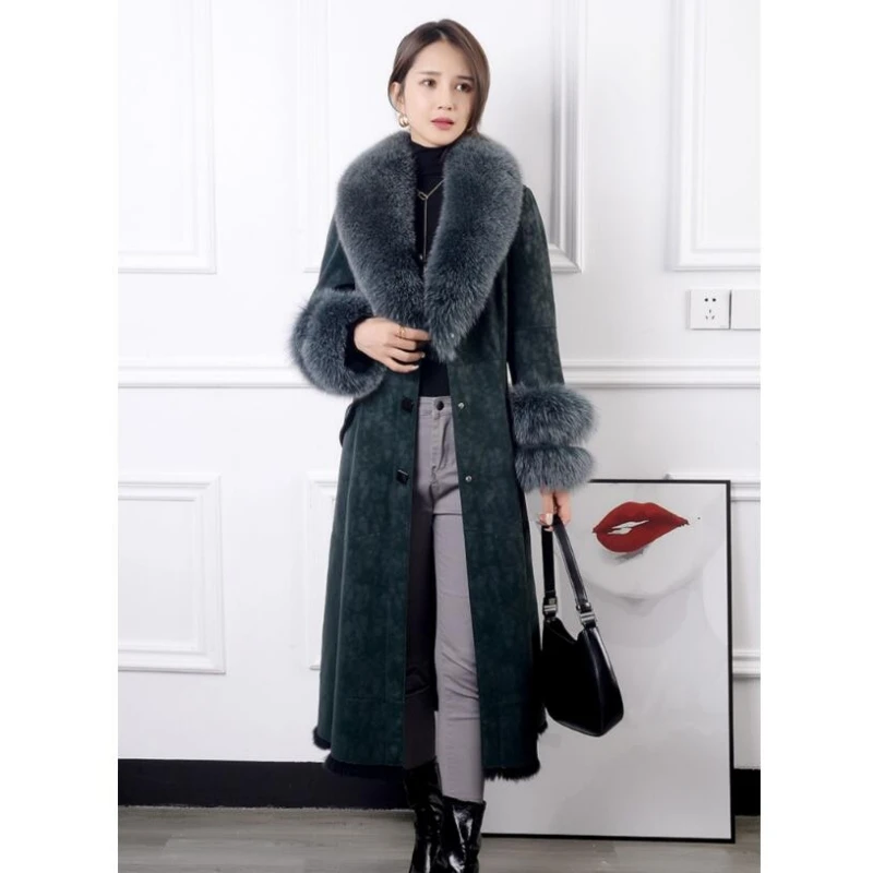 

2022 Winter New Luxury Double-faced Fur X-Long Coat Women's Fox Fur Collar Slim Waist Parka with Band IL00653