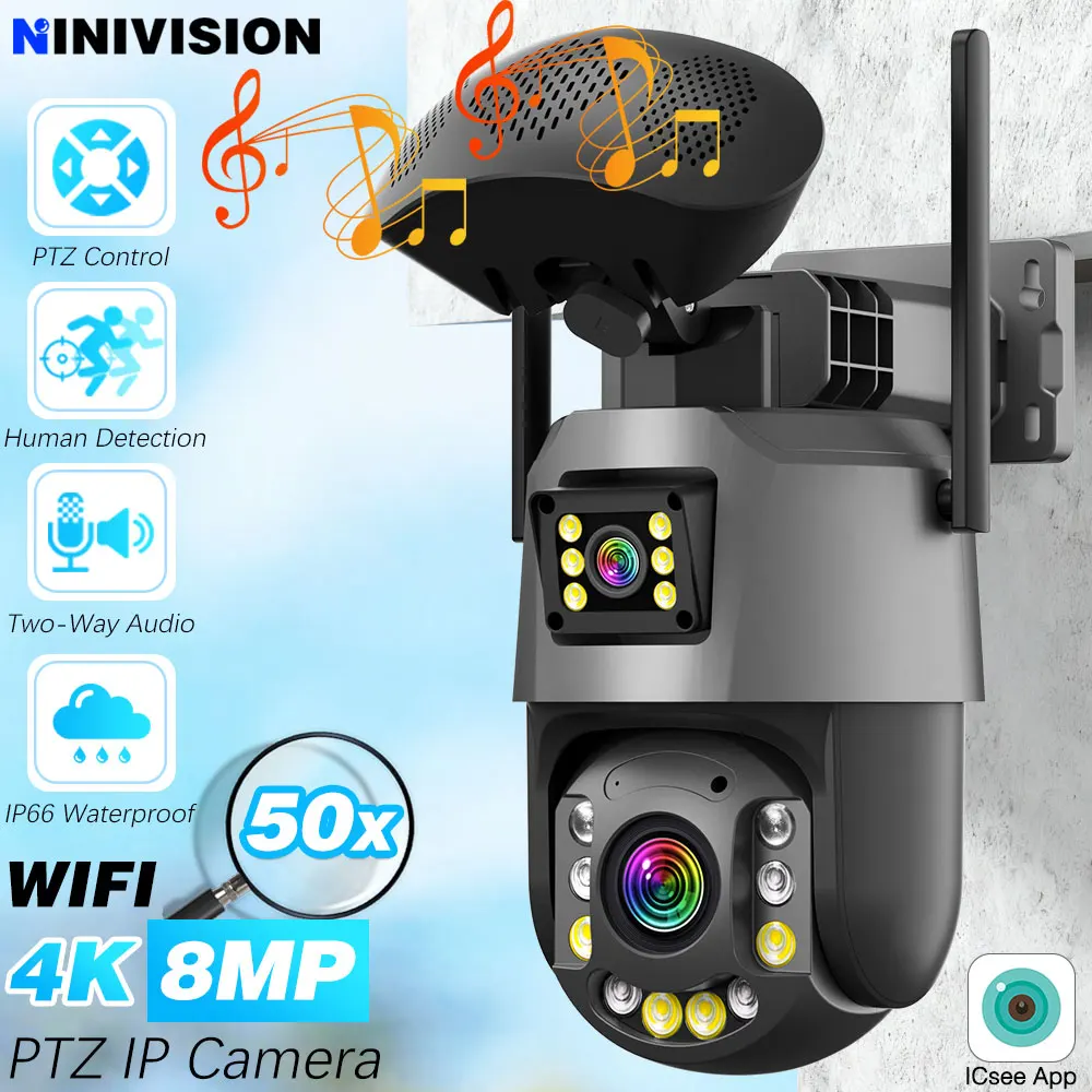 

4K PTZ IP-камера безопасности с двумя объективами, Wi-Fi, 50-кратный зум, наружная камера видеонаблюдения ICSEE для обнаружения человека с Bluetooth-динамиком