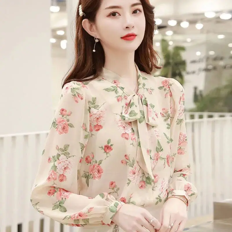 

Bow Lantern Sleeve Bottoming Shirt Spring and Autumn Printed Chiffon Shirt Women's Loose Long Sleeve Blouse Top 5XL