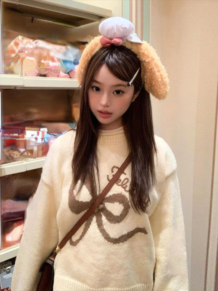 Y2k Preppy Style Sweaters Bow Jacquard Long Sleeve Grunge Aesthetics Autumn Winter Pullovers Sweet All Match Women Clothing 2023