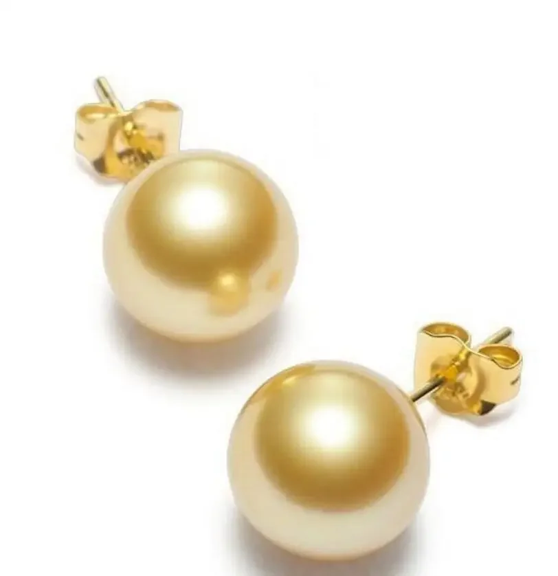 

PAIR OF 9-10MM NATURAL AUSTRALIAN SOUTH SEA GENUINE GOLD PEARL EARRING 14K POST
