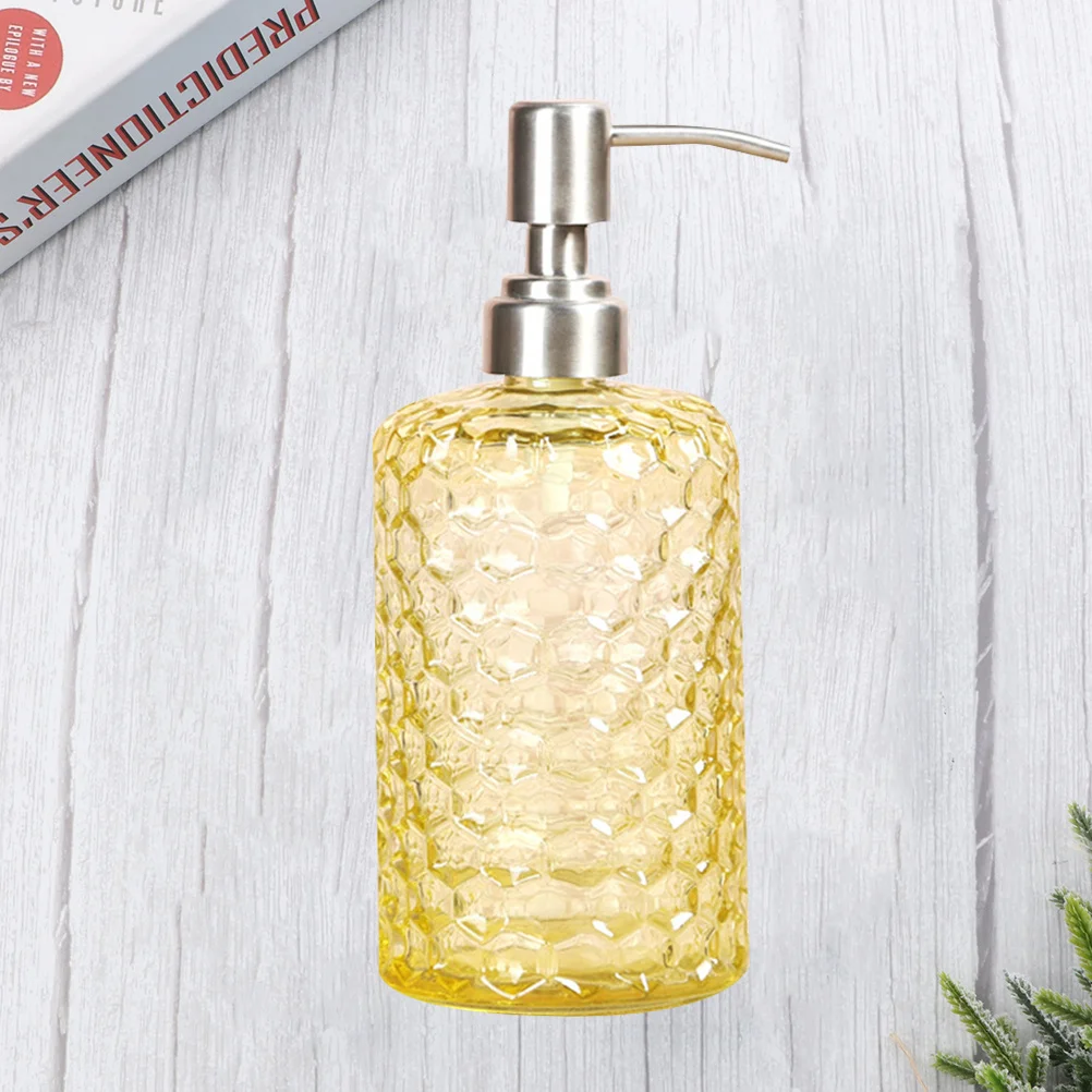 

Pineapple Grain Glass Pump Bottle 500ml Refillable Stainless Steel Nozzle Lotion Container for Home Bathroom Travel Yellow