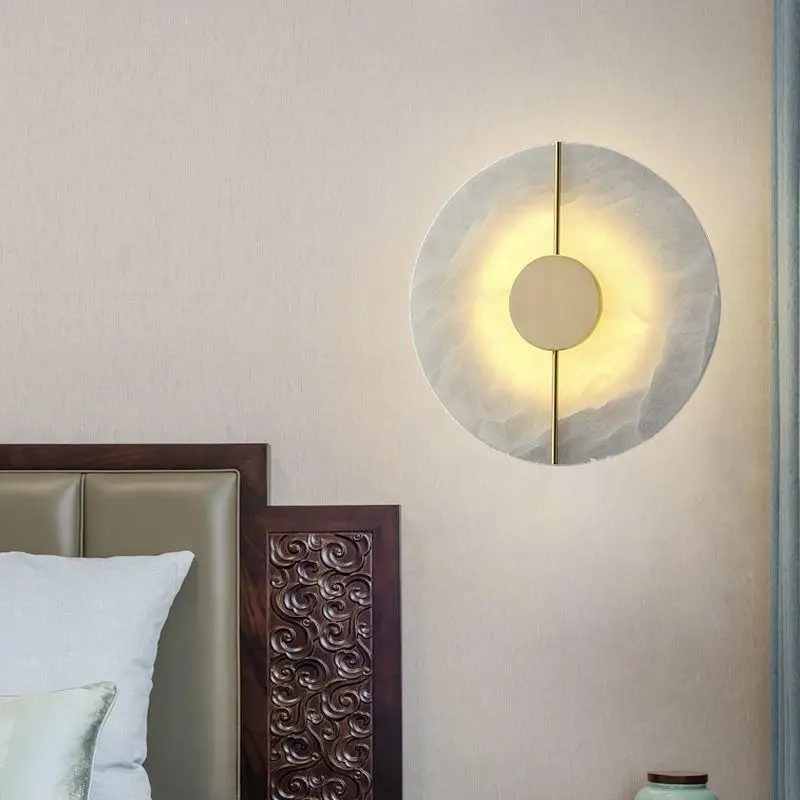 Modern Luxury Creative Natural Marble Copper Wall Light - Alabaster Marble Wall Sconce for Bedroom Bedside Living Room Aisle