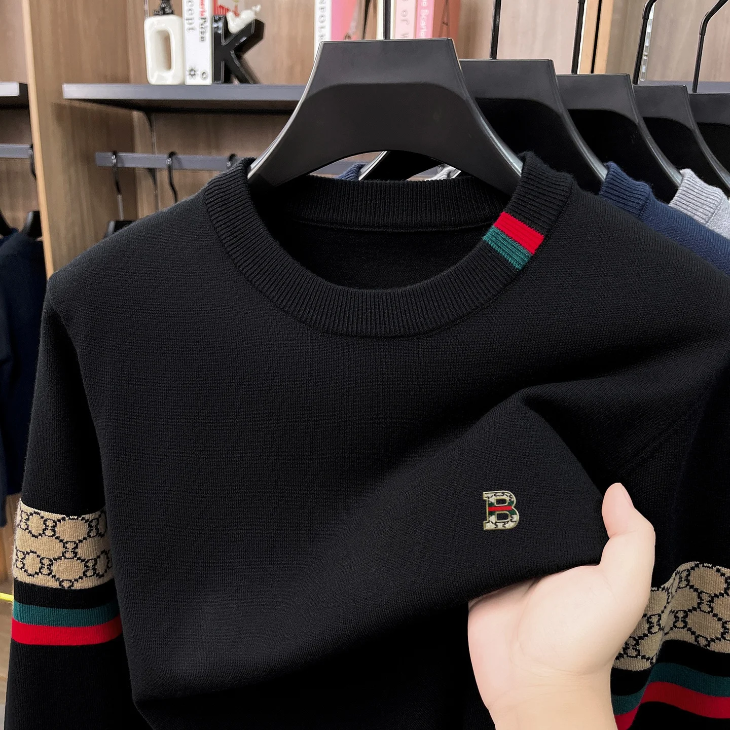 Luxury Brand B letter embossed knitted sweater pullover men's new fashion color striped round neck casual comfort high-end top
