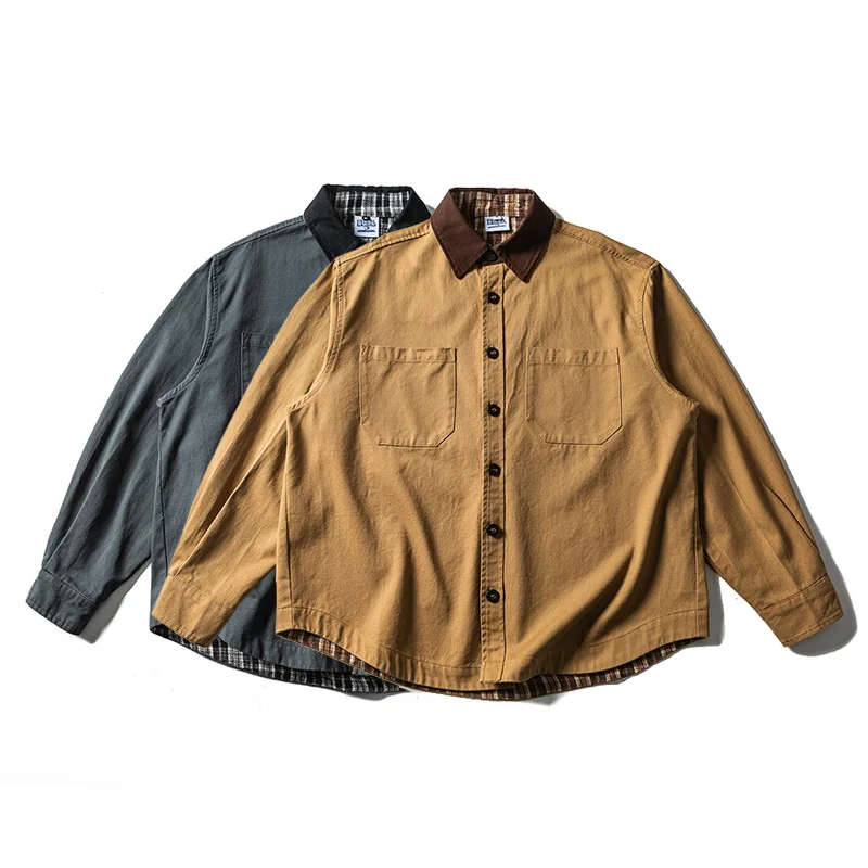 

Plaid Splice Collar Pure Cotton Cargo Shirt Men Japan Streetwear Fashion Loose Casual Long Sleeve Overalls Shirts Blouses