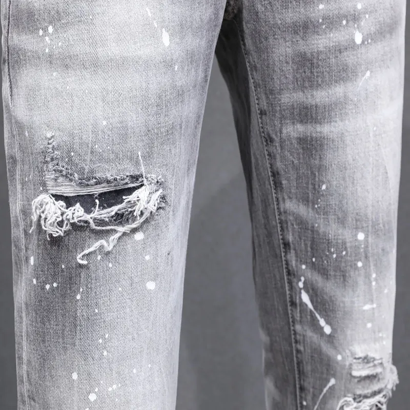 High Street Fashion Men's Split Jeans Vintage Water White Gray Elastic Tight Vintage Jeans Men's Colored Designer Hip Hop Brand