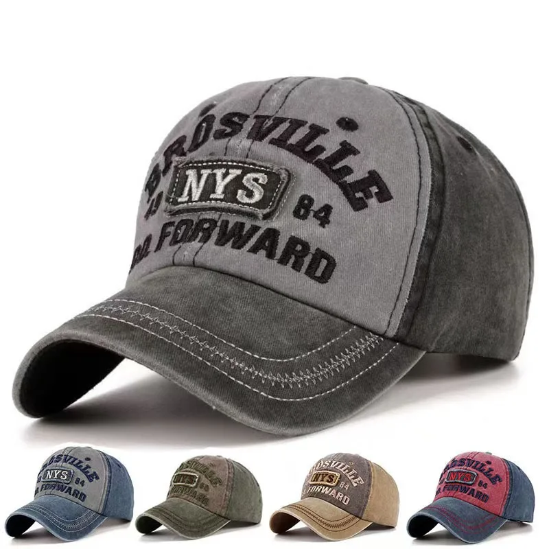 Four Seasons Men Baseball Cap Casual Distressed Washed Cotton Letter Embroidered Cap Bent Brim Dome Casual Sun Protection Hat