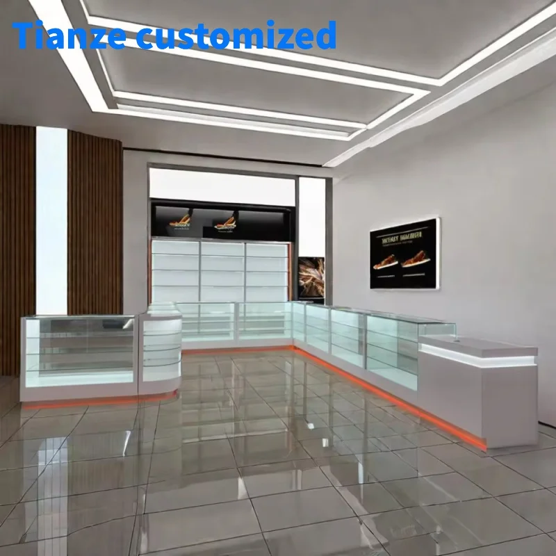 (customized)Customized Smoke Shop Accessories Display Showcase Glossy Glass Floor Display Counter with Light Shop Displa